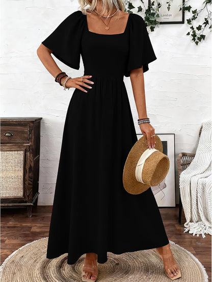 Patricia Women's Maxi Dress – Square Neck, Flowing A-Line Cut, Batwing Sleeves for Summer