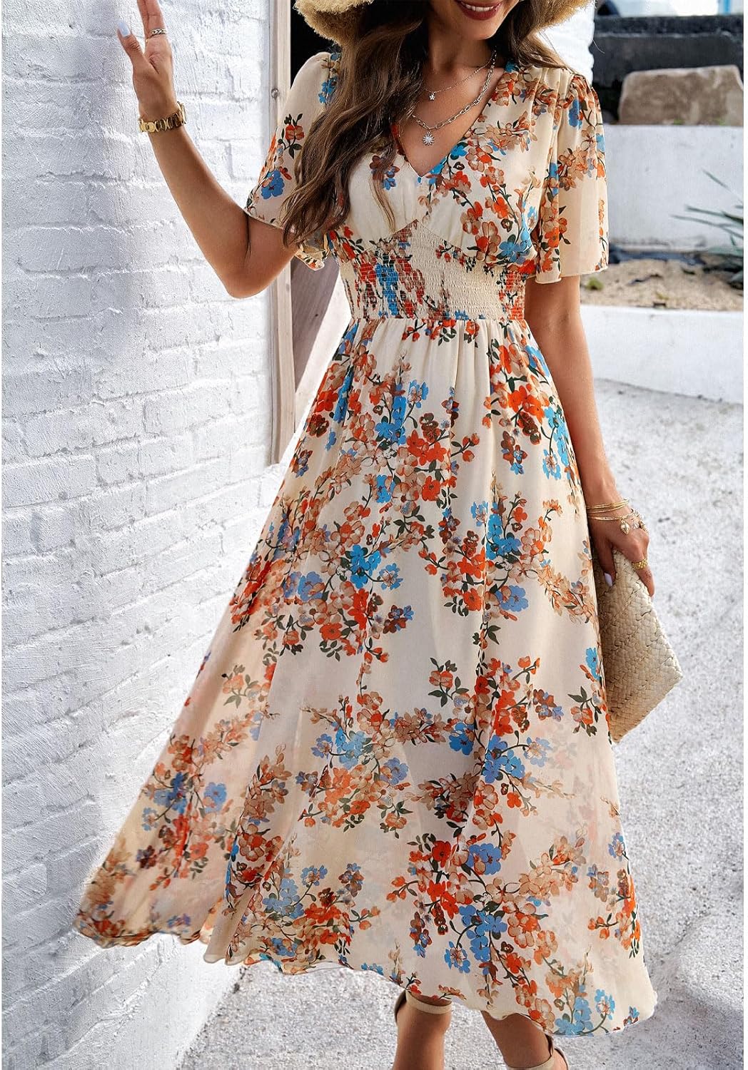 Dianne Floral Dress for Women – V-Neck, Short Sleeves, Flowing Cut, Casual Summer