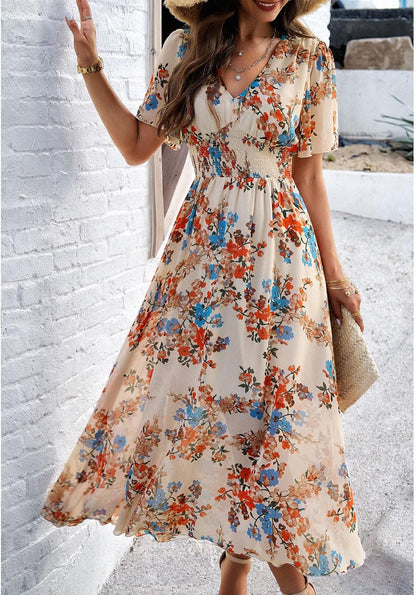 Dianne Floral Dress for Women – V-Neck, Short Sleeves, Flowing Cut, Casual Summer