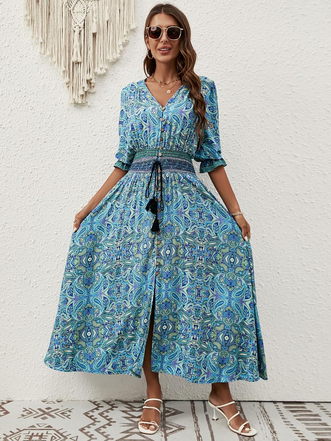Liezl Bohemian Floral Dress for Women – V-Neck Wrap, Fluid Midi, 3/4 Sleeves