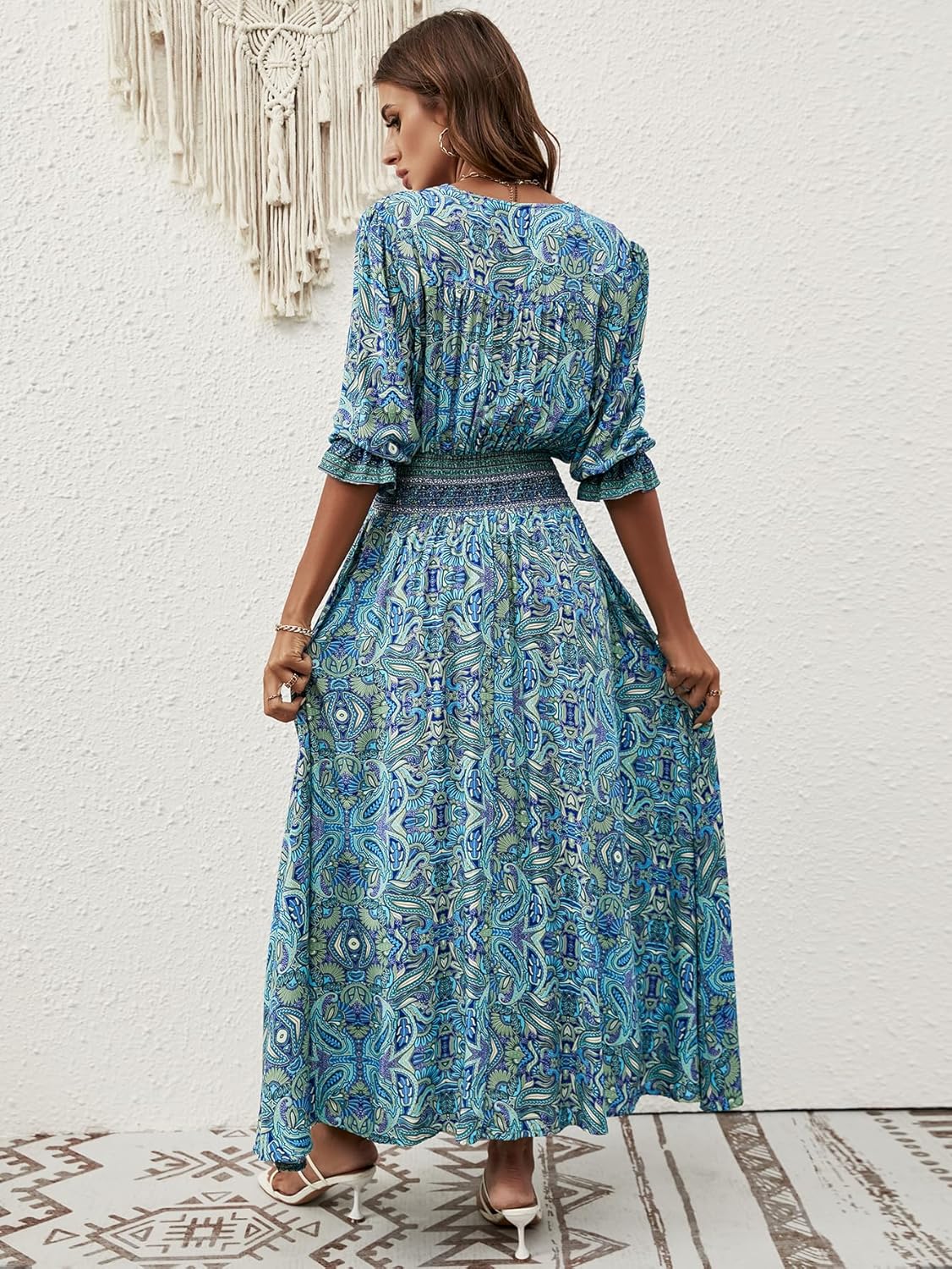 Liezl Bohemian Floral Dress for Women – V-Neck Wrap, Fluid Midi, 3/4 Sleeves