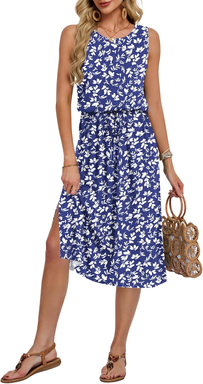 Léa Women's Dress – Sleeveless Midi Dress with Round Neck, Slit, Adjustable Waist, Pockets, Summer
