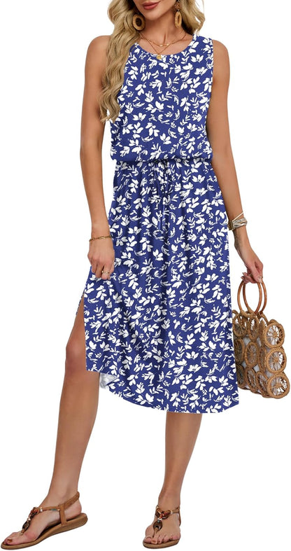 Léa Women's Dress – Sleeveless Midi Dress with Round Neck, Slit, Adjustable Waist, Pockets, Summer