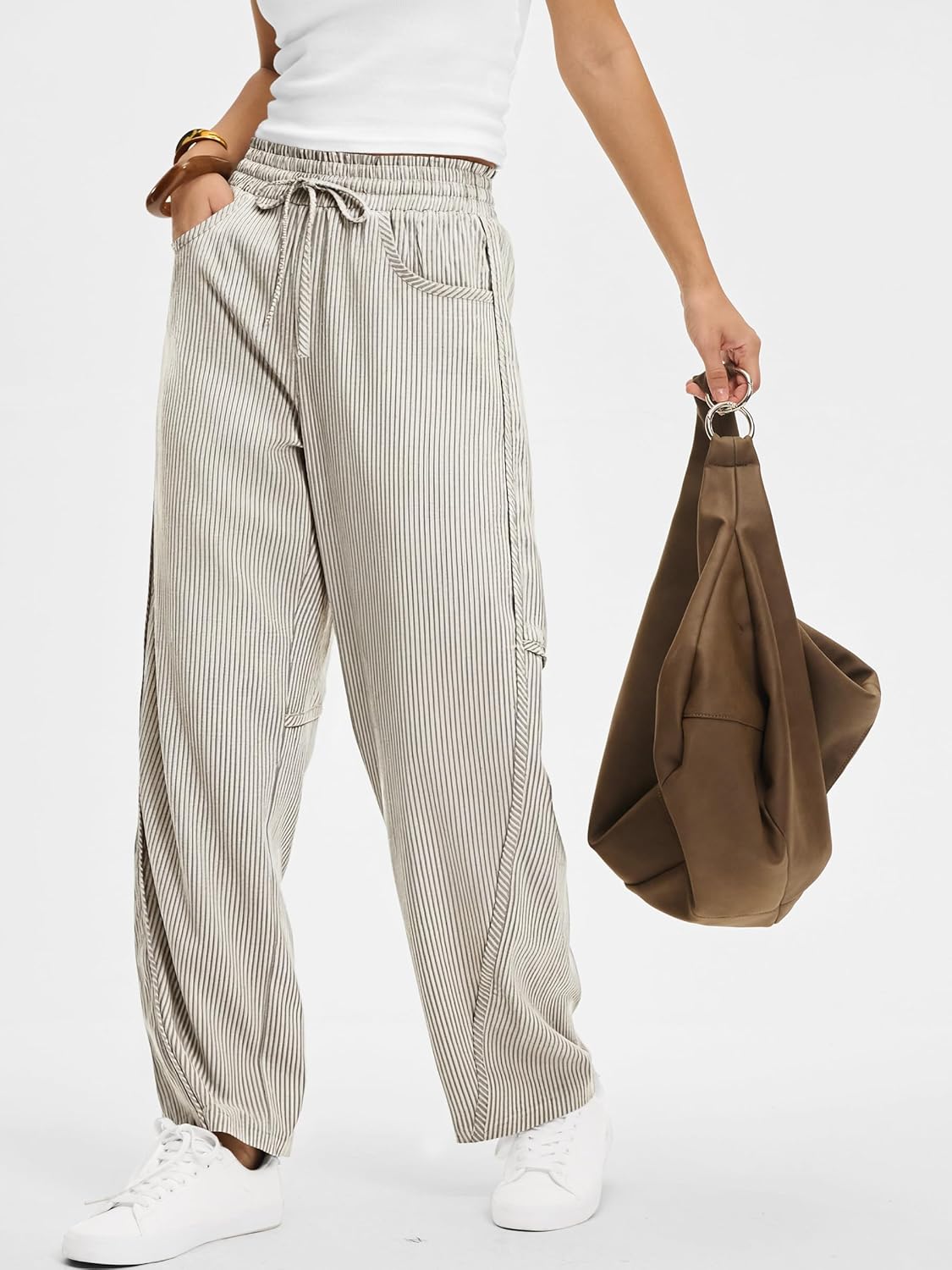 Kim Women's Striped Barrel Pants – Wide Fit, Elastic Waist, Casual Style