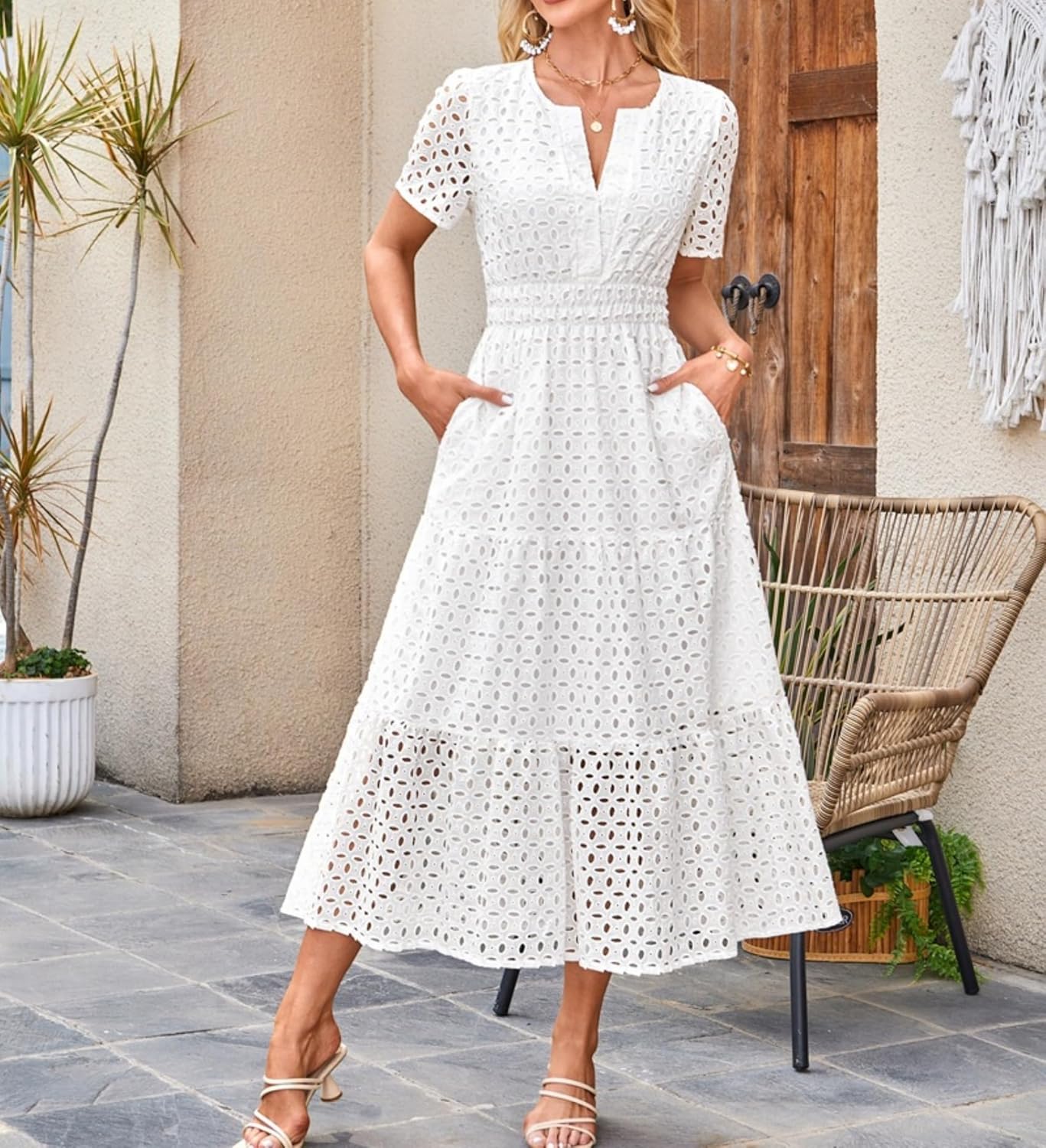 Clara Women's Dress – Maxi Dress with English Embroidery V-Neck High Waist Bohemian Summer