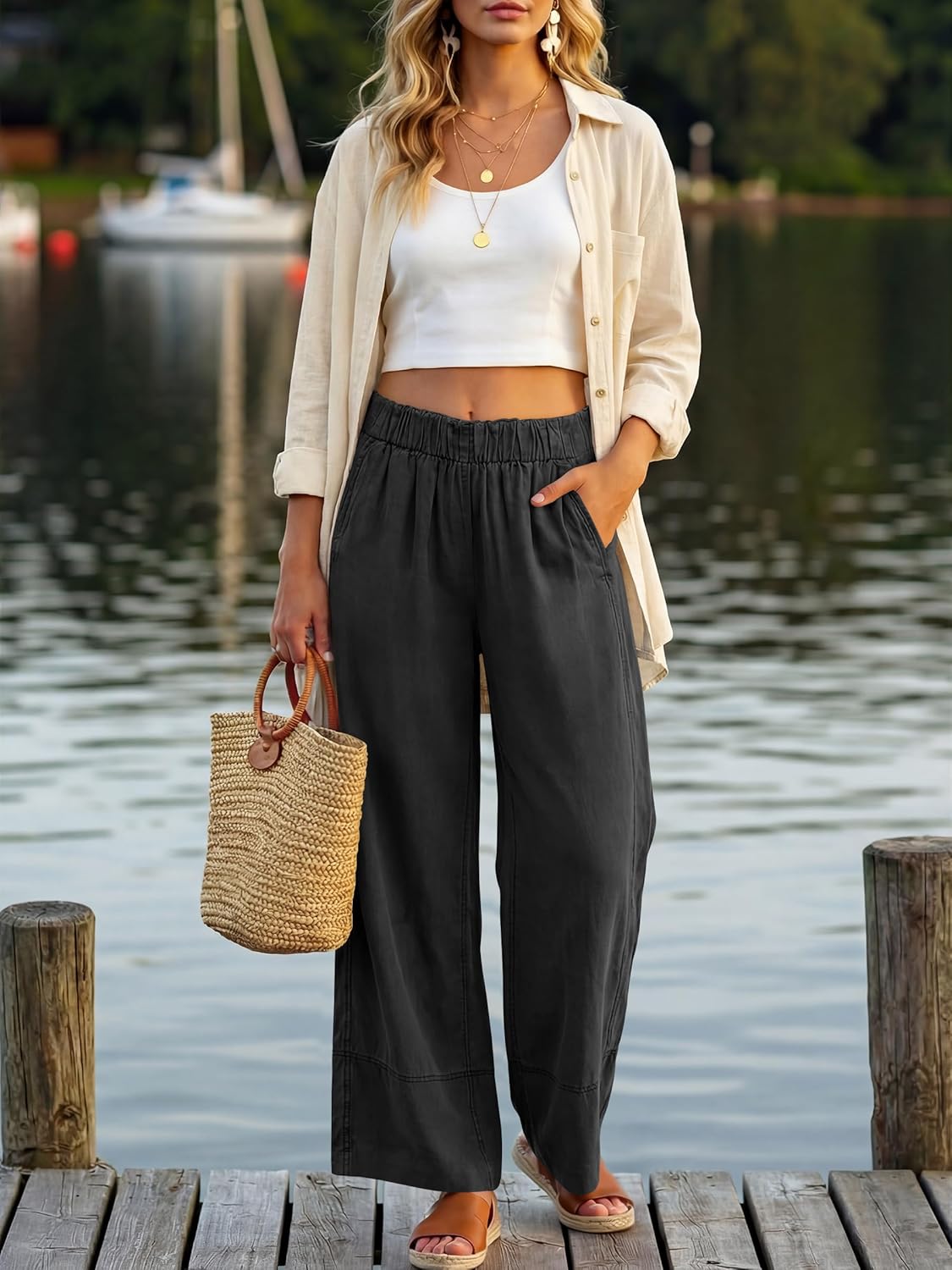 Jessica Women's Pants – Large Elastic Waist Palazzo with Pockets Bohemian