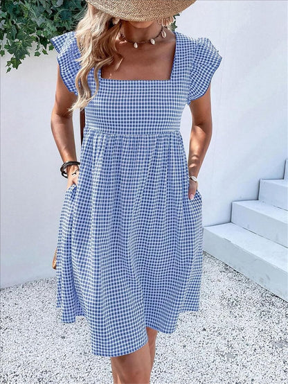 Lily Women's Dress – Midi Checkered Dress with Square Neck, Smocked Waist, Ruffles, A-Line, Summer