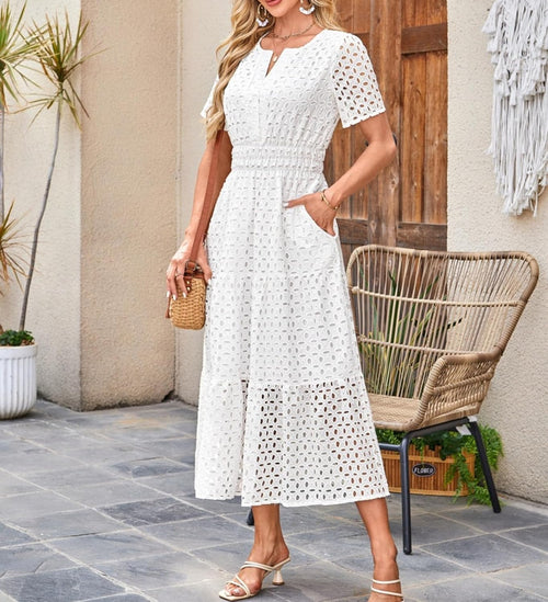 Clara Women's Dress – Maxi Dress with English Embroidery V-Neck High Waist Bohemian Summer
