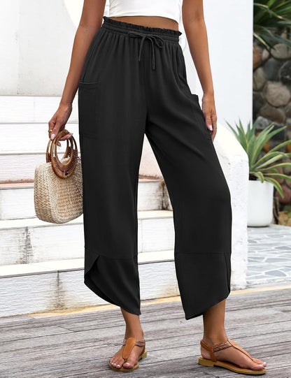 Jade Women's Pants – Capri Palazzo Bohemian Wide with Elastic Waist & Pockets