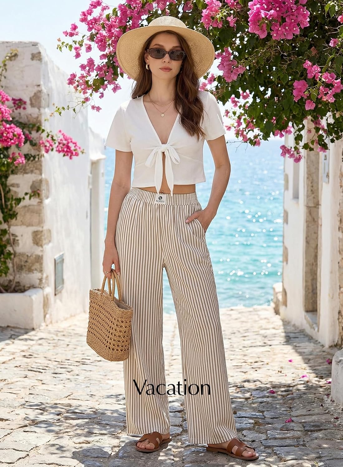Verna Women's Striped Pants – Wide Fluid Cut, High Elastic Waist Lounge Summer