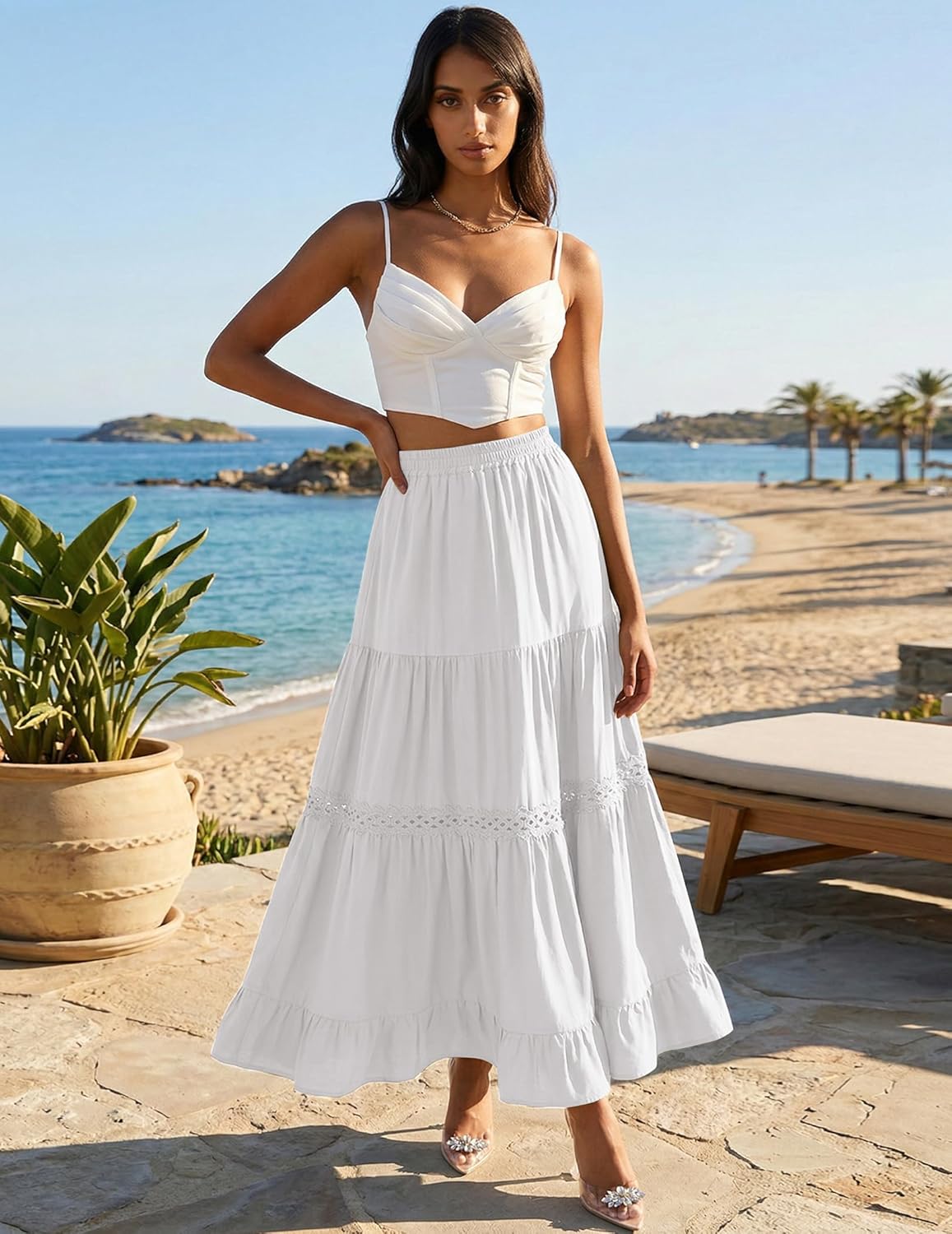 Edith Jupe Maxi Women – Bohemian Cotton Skirt with Crochet Lace & Ruffles