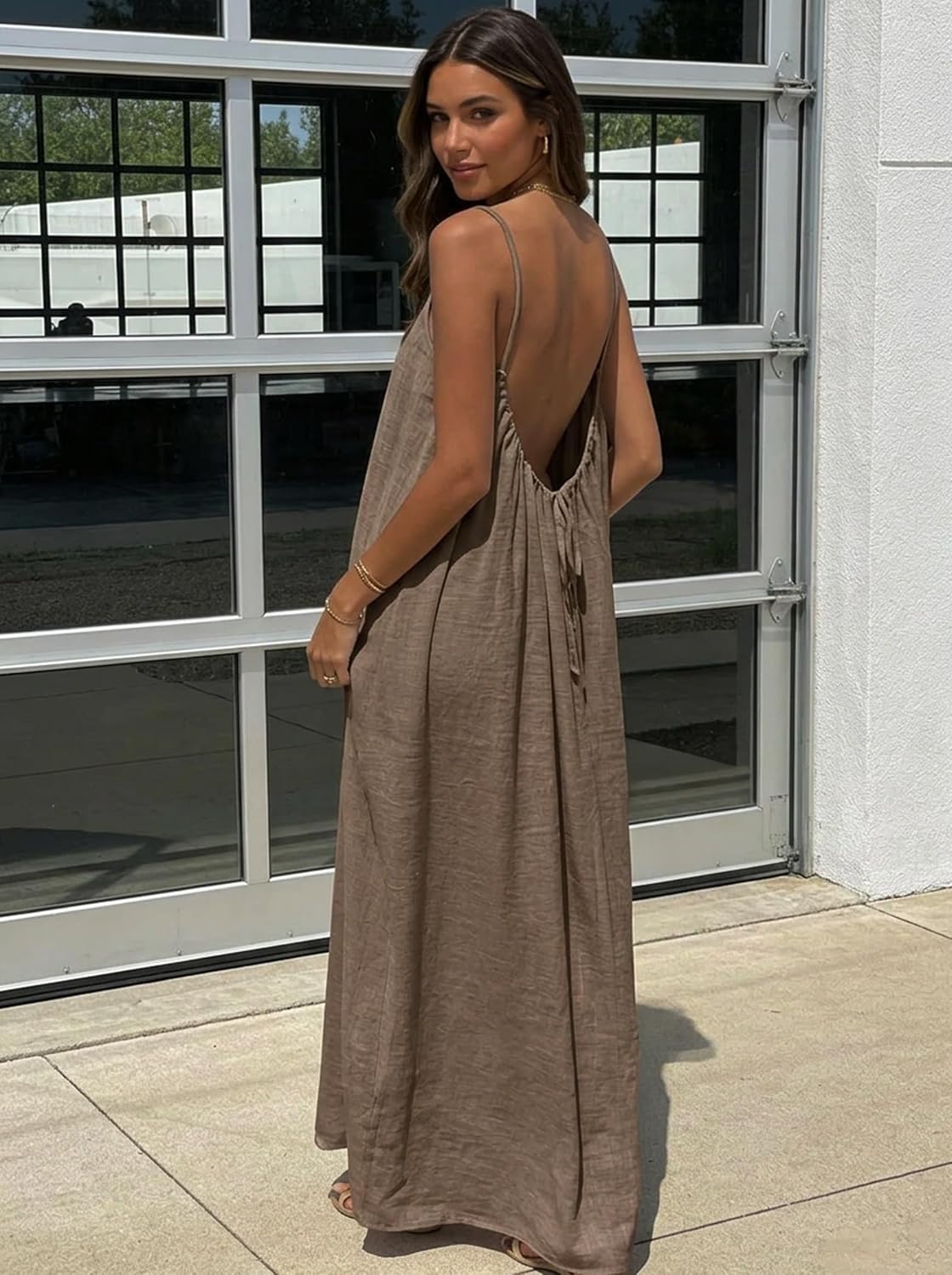 Luna Maxi Dress for Women – Backless Dress with Fine Straps Linen Effect Summer Boho