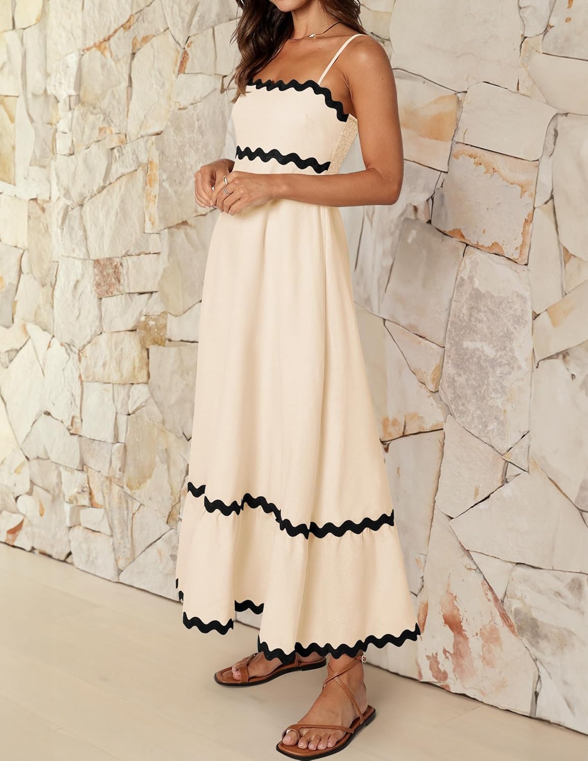Ella Midi Dress for Women – Backless Dress with Thin Straps, Smocked, Fluid, Elegant Summer