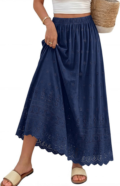 Marie Dowerme Maxi Skirt for Women – High Waist Elastic, Embroidered Cotton Bohemian A-Line