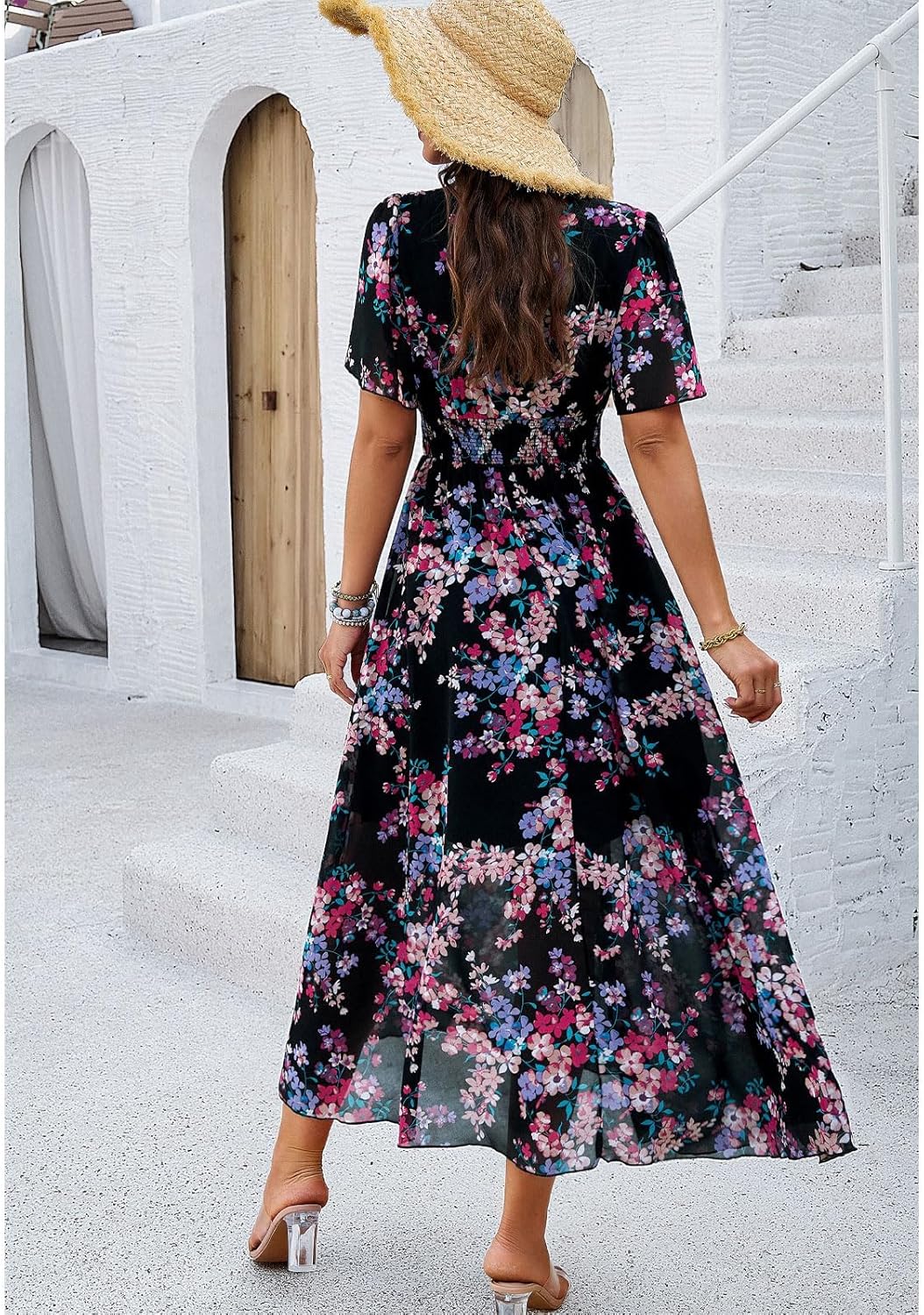 Jade Maxi Floral Dress for Women – High Waist, V-Neck, Short Sleeves Bohemian Summer
