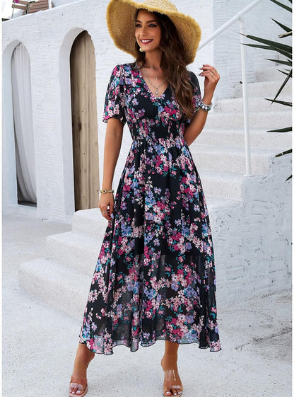 Jade Maxi Floral Dress for Women – High Waist, V-Neck, Short Sleeves Bohemian Summer