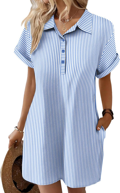 Clara Women's Linen Dress – Buttoned V-Neck, Short Sleeves, Loose Fit, Pockets
