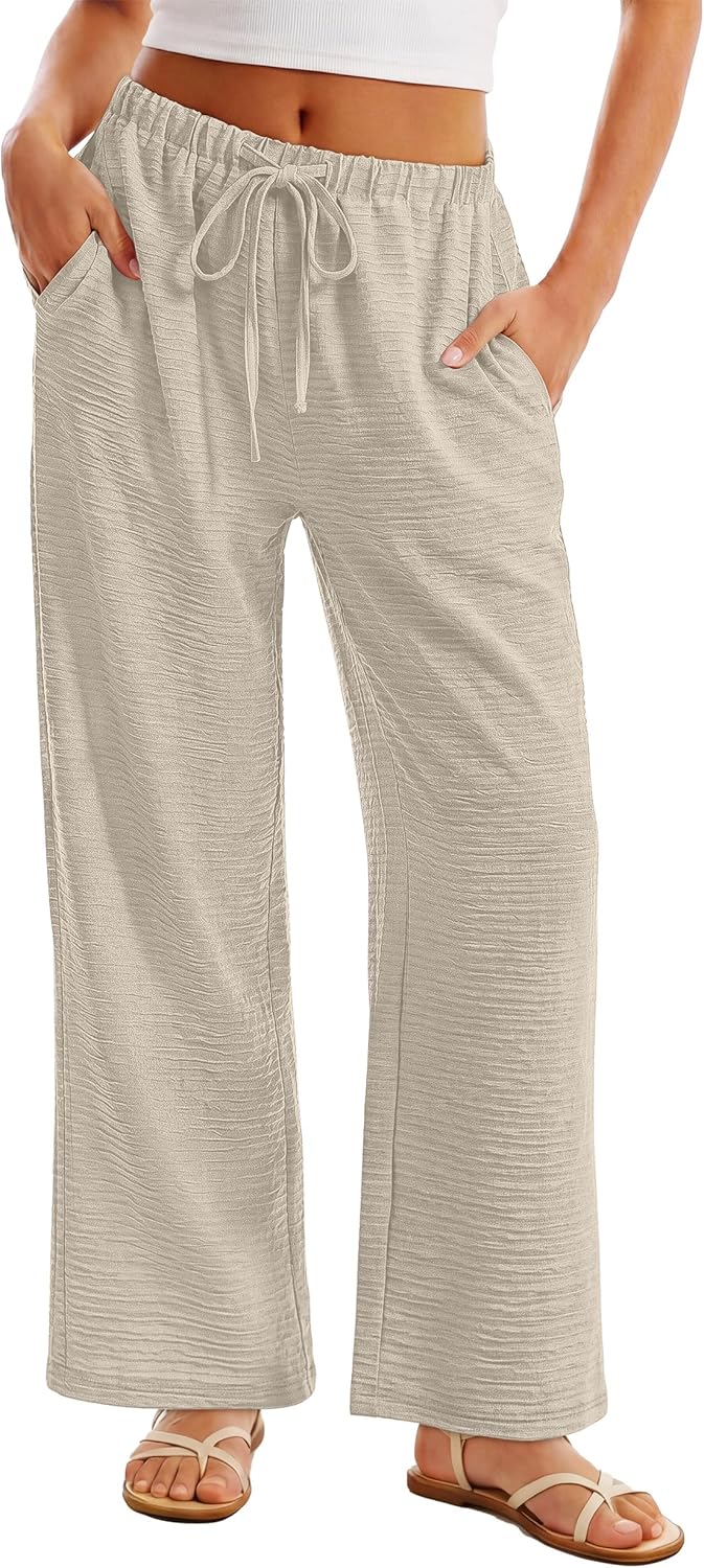 Norleen Women's Pants – Wide Leg High Waist with Drawstring & Pockets Summer