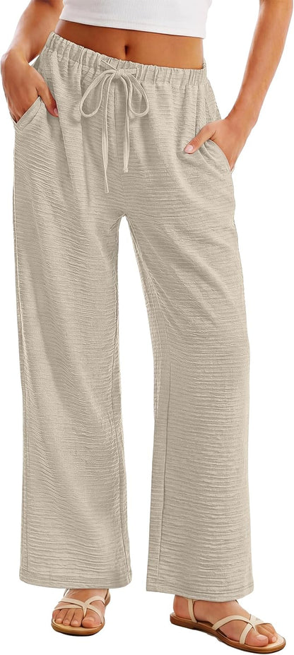 Norleen Women's Pants – Wide Leg High Waist with Drawstring & Pockets Summer
