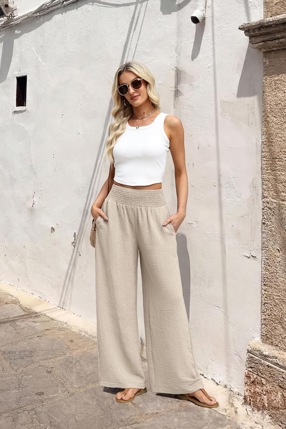 Berta Women's Pants – High-Waisted Fluid Wide-Leg Pants with Pockets