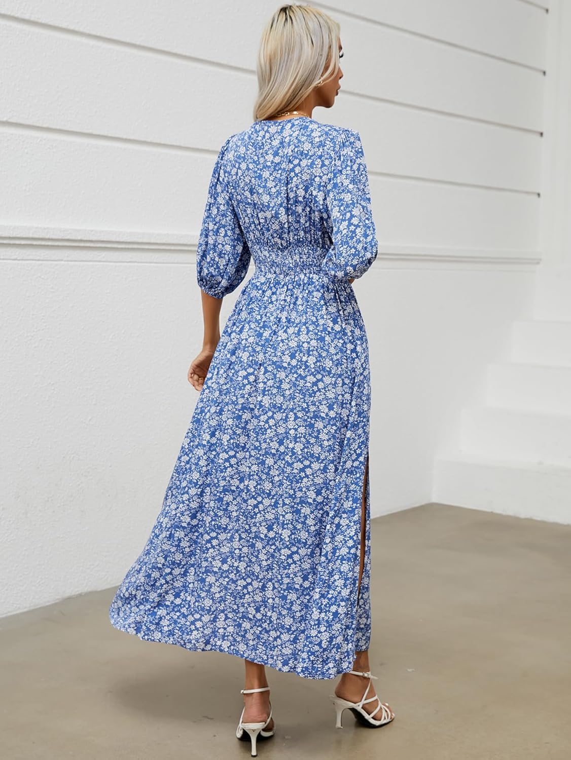 Joyce Bohemian Floral Dress for Women – V-Neck Wrap, Flowing Midi, Summer Sleeves