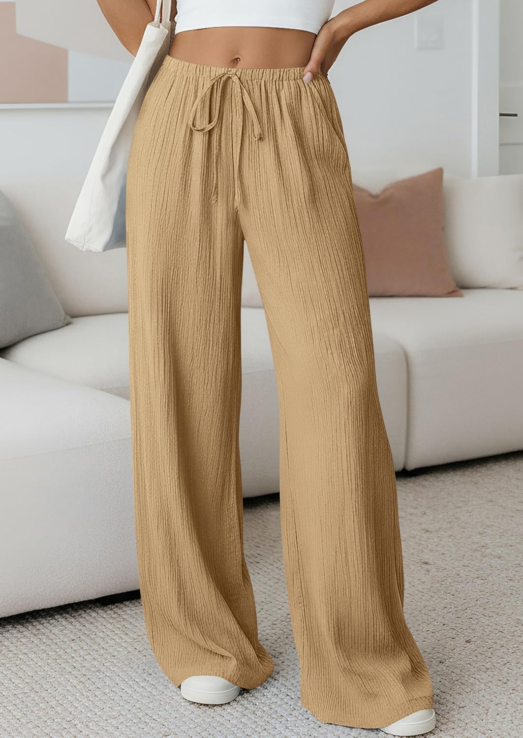 Jessica Women's Pants – Palazzo Wide High Waist with Drawstring & Pockets Summer