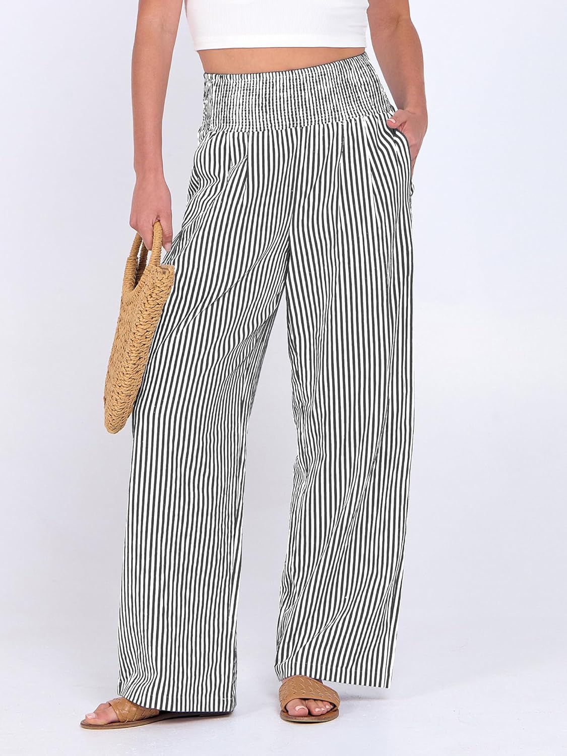 Léah Women's Pants – High-Waisted Striped Palazzo Pants with Pockets for Summer
