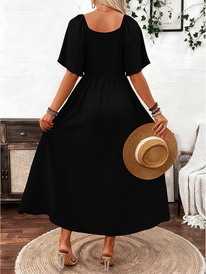 Patricia Women's Maxi Dress – Square Neck, Flowing A-Line Cut, Batwing Sleeves for Summer