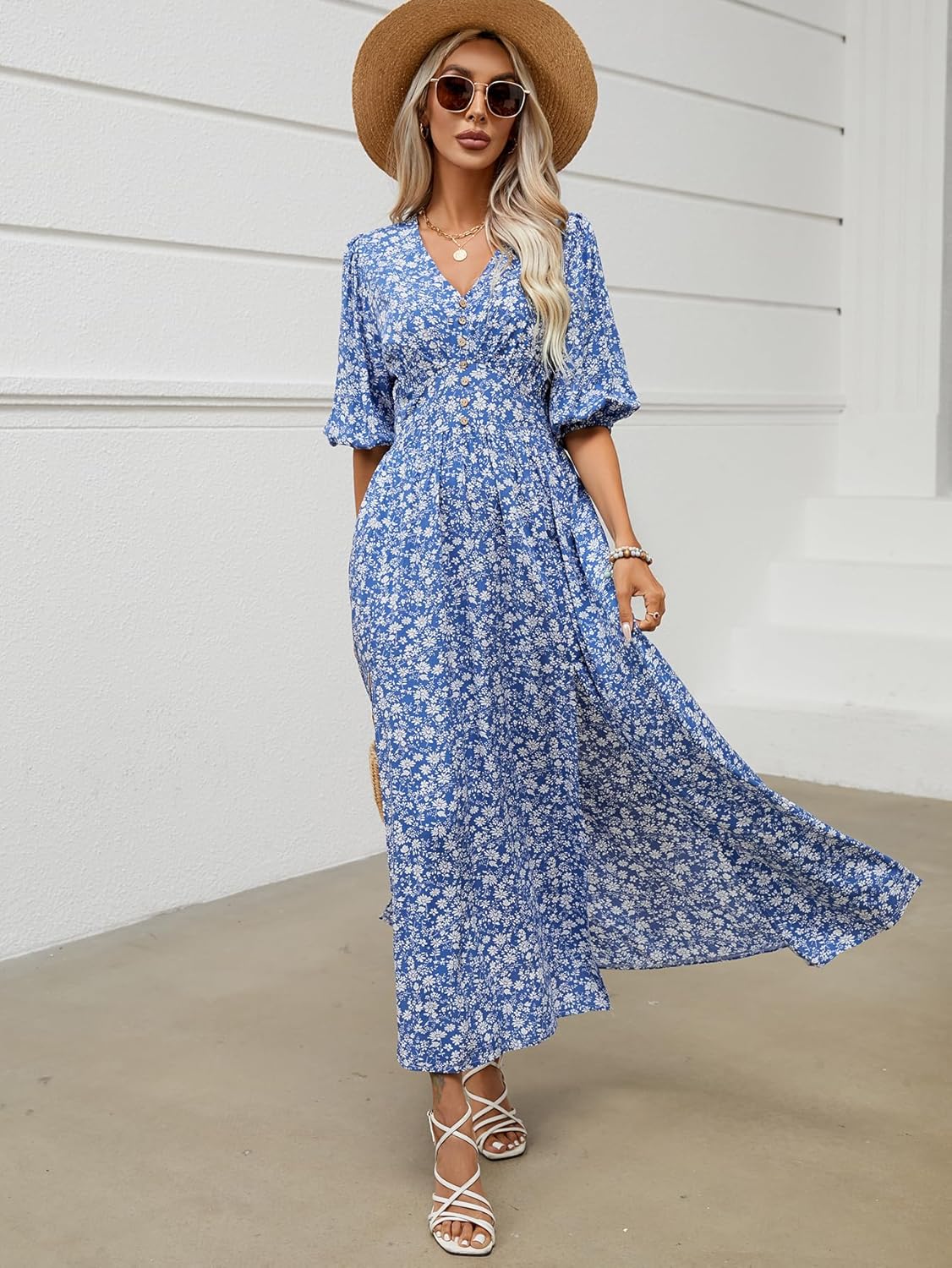 Joyce Bohemian Floral Dress for Women – V-Neck Wrap, Flowing Midi, Summer Sleeves
