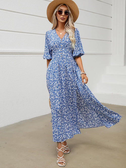 Joyce Bohemian Floral Dress for Women – V-Neck Wrap, Flowing Midi, Summer Sleeves