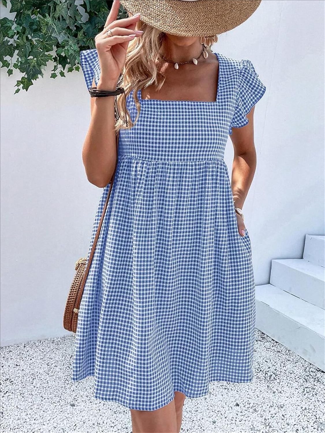 Lily Women's Dress – Midi Checkered Dress with Square Neck, Smocked Waist, Ruffles, A-Line, Summer