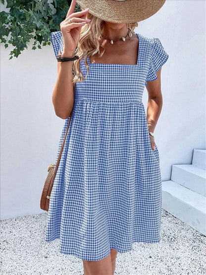 Lily Women's Dress – Midi Checkered Dress with Square Neck, Smocked Waist, Ruffles, A-Line, Summer