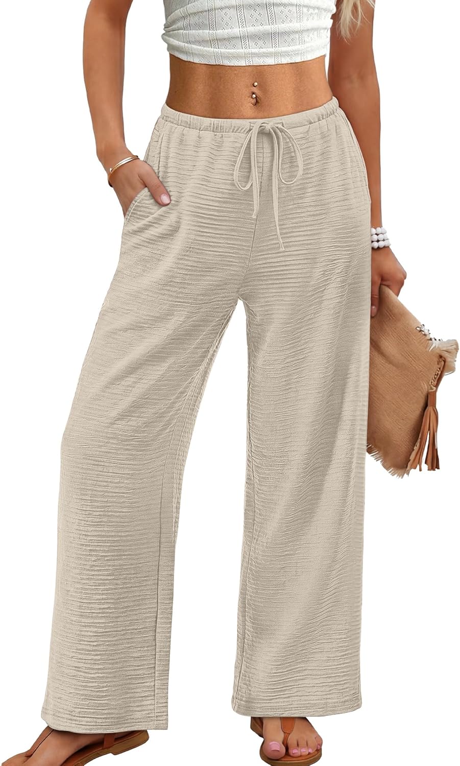 Norleen Women's Pants – Wide Leg High Waist with Drawstring & Pockets Summer