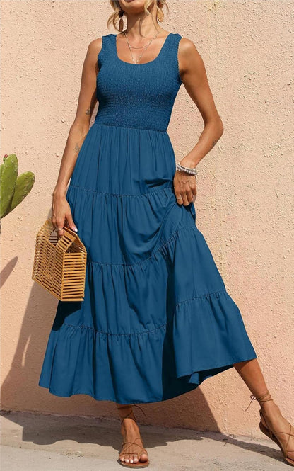 Elina Maxi Dress for Women – Sleeveless Smocked A-Line Summer Bohemian Dress
