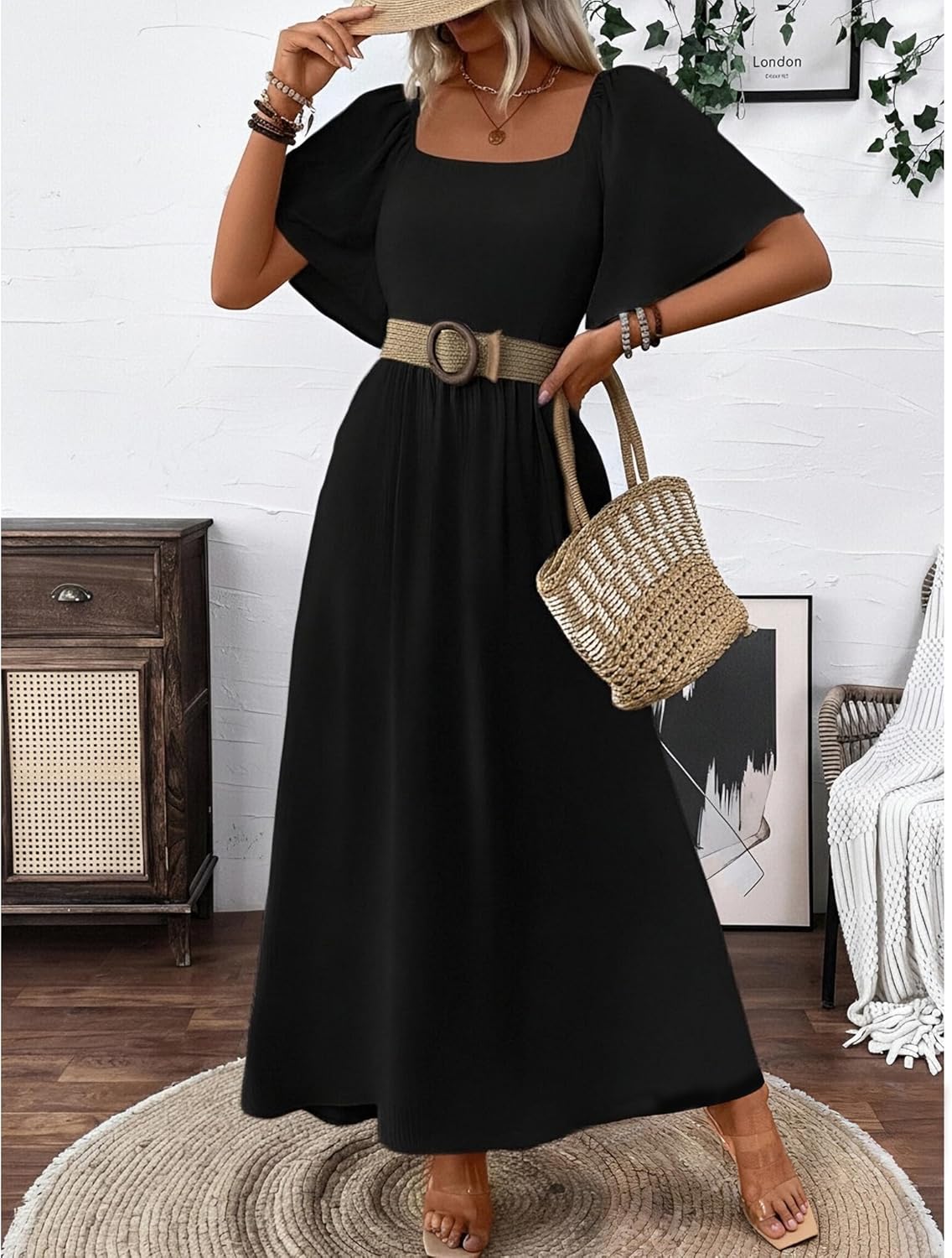 Patricia Women's Maxi Dress – Square Neck, Flowing A-Line Cut, Batwing Sleeves for Summer