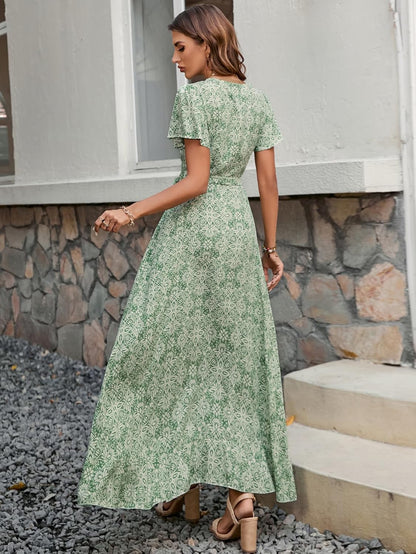 Celine Bohemian Floral Women's Dress – V-Neck Wrap, Fluid Midi, Ruffled Sleeves