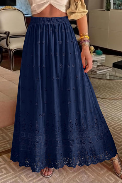 Marie Dowerme Maxi Skirt for Women – High Waist Elastic, Embroidered Cotton Bohemian A-Line