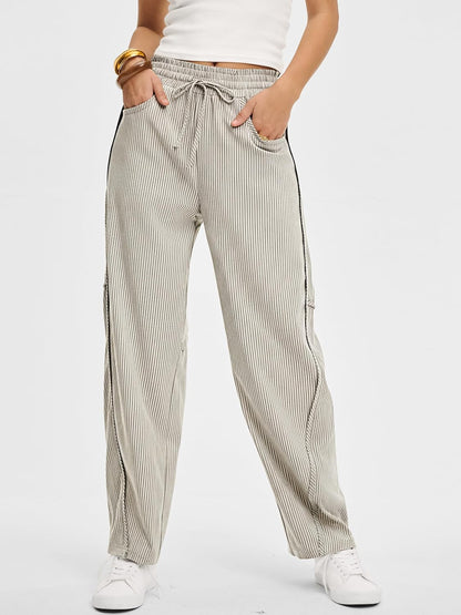 Kim Women's Striped Barrel Pants – Wide Fit, Elastic Waist, Casual Style