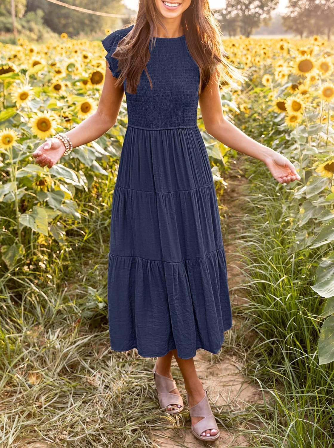 Louise Midi Dress for Women – Summer Smocked Dress with Ruffled Sleeves, Elegant A-Line Cut