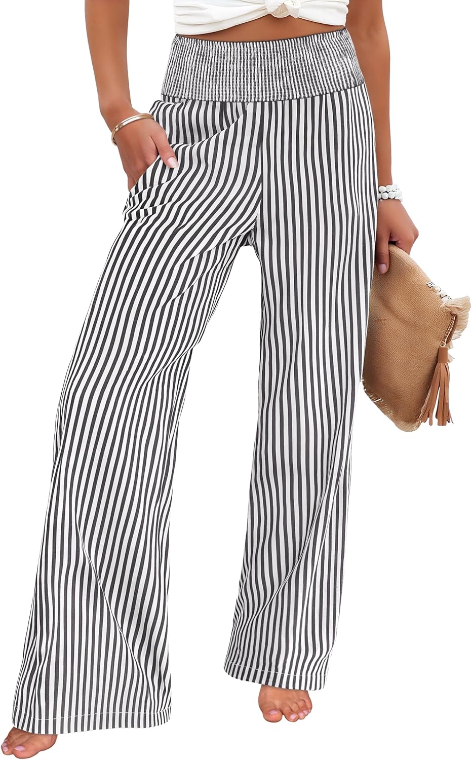 Léah Women's Pants – High-Waisted Striped Palazzo Pants with Pockets for Summer