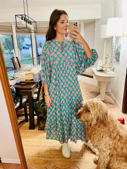 Amélie Women's Bohemian Maxi Dress – Long Flowing V-Neck Dress with Geometric Print