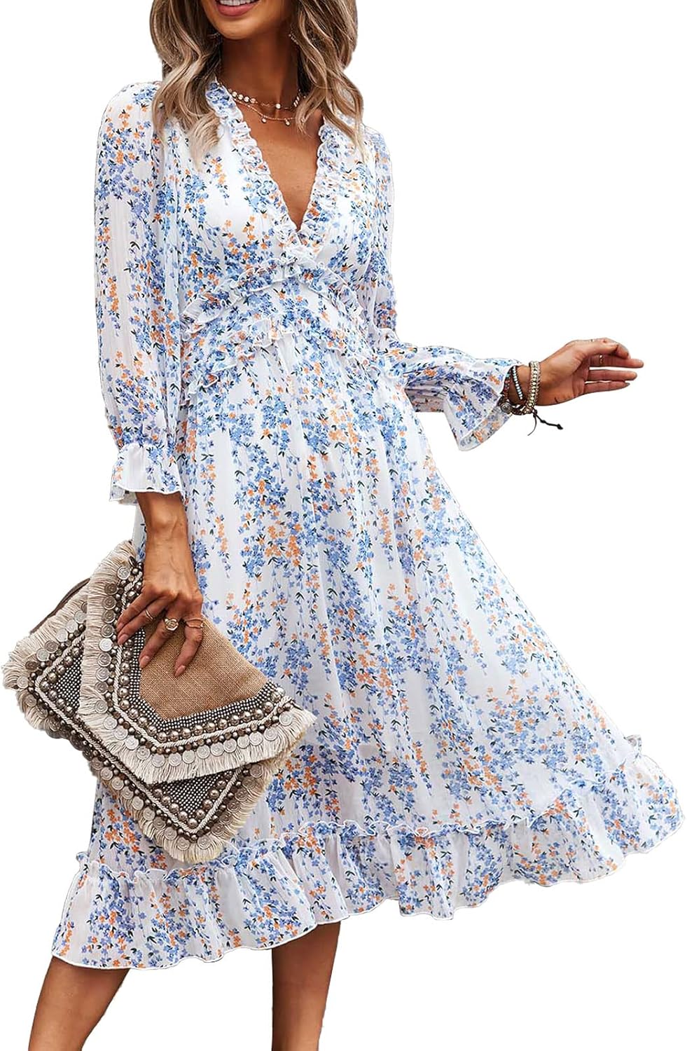 Alexa Floral Dress for Women – V-Neck, Long Sleeves, Casual Elegant Flowing Cut