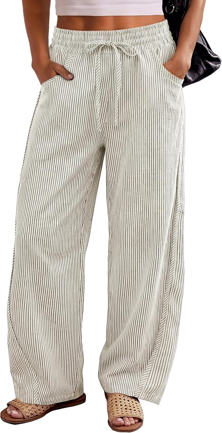 Kim Women's Striped Barrel Pants – Wide Fit, Elastic Waist, Casual Style