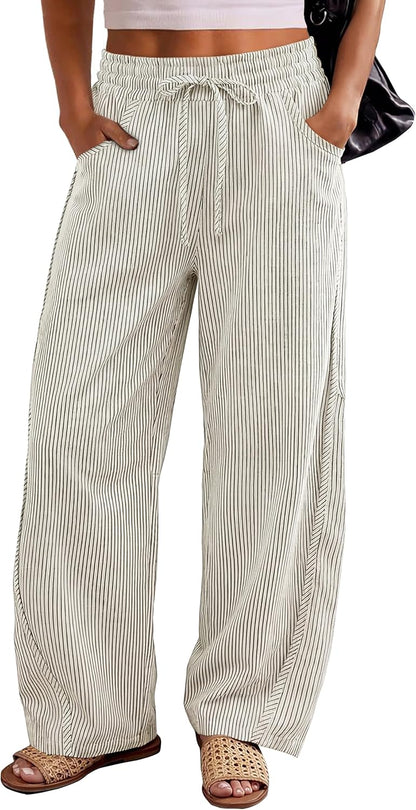 Kim Women's Striped Barrel Pants – Wide Fit, Elastic Waist, Casual Style
