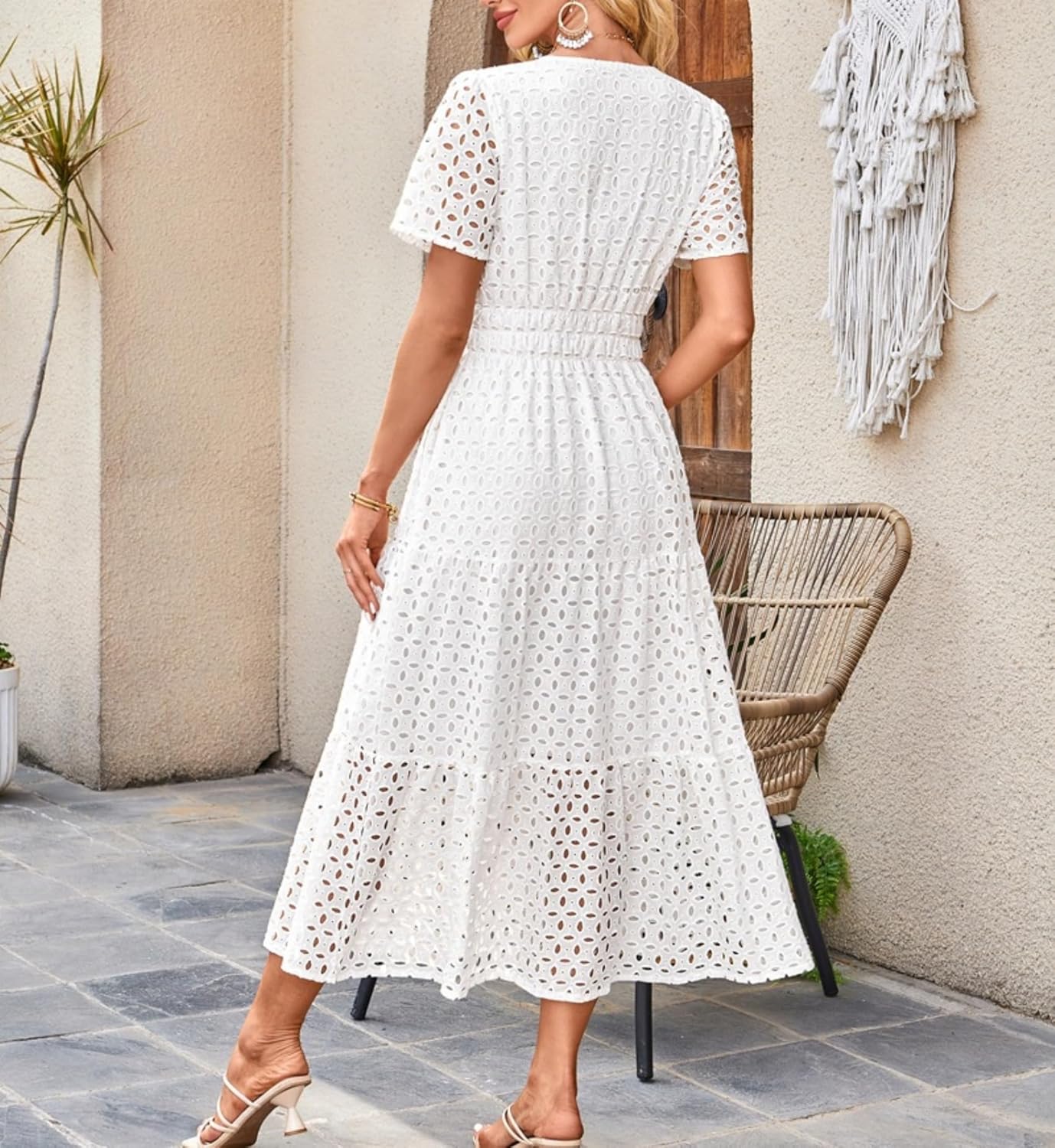 Clara Women's Dress – Maxi Dress with English Embroidery V-Neck High Waist Bohemian Summer