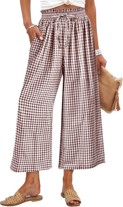 Cindy Women's Palazzo Pants – Striped Capri, Elastic Waist, Light Casual