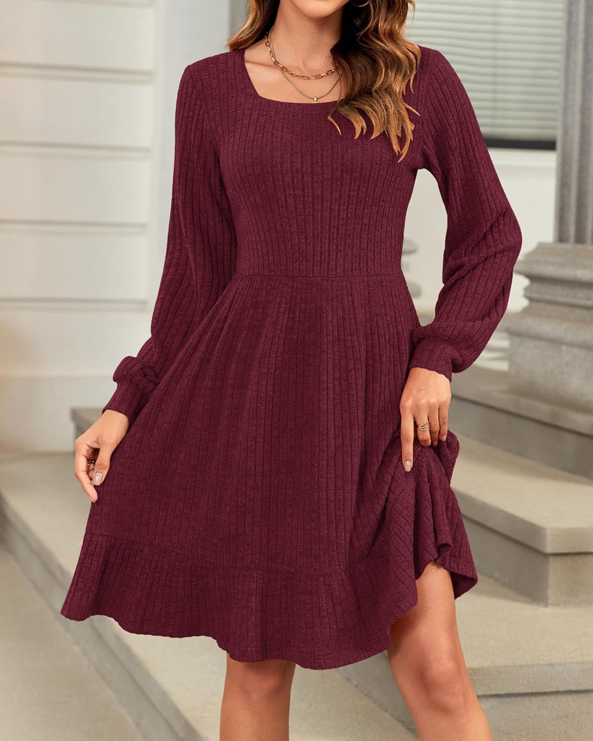 Elise Women's Knit Dress – Square Neck Long Sleeve Dress for Autumn Winter