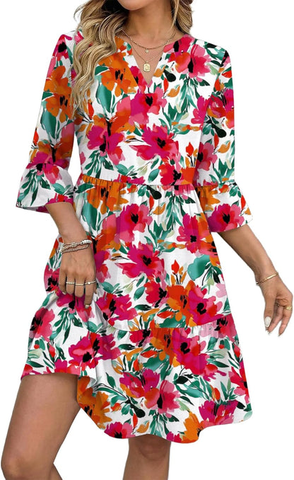 Élodie Women's V-Neck Dress – Flared Midi Dress with Ruffles and Pockets