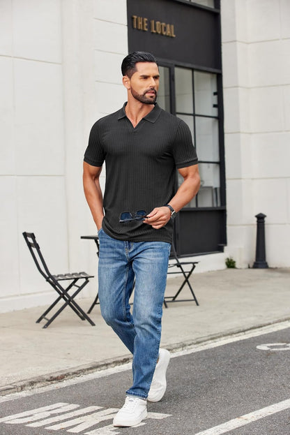 Alex Men's Polo – Ribbed V-Neck Slim Fit, Lightweight & Modern Summer Style