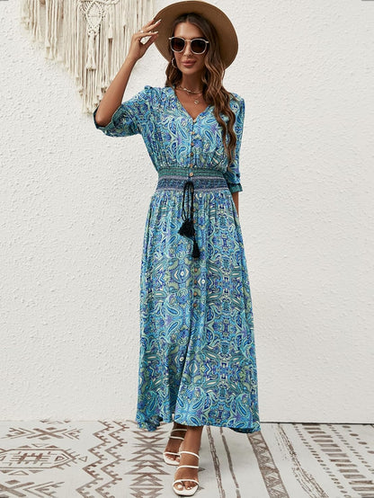 Liezl Bohemian Floral Dress for Women – V-Neck Wrap, Fluid Midi, 3/4 Sleeves